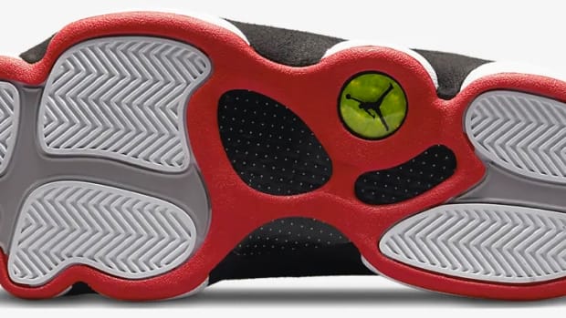 View of white and red Air Jordan shoe outsole.